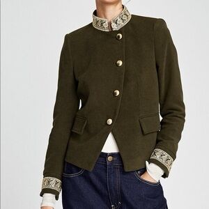 ZARA olive green romantic military gold embroidered jacket XL